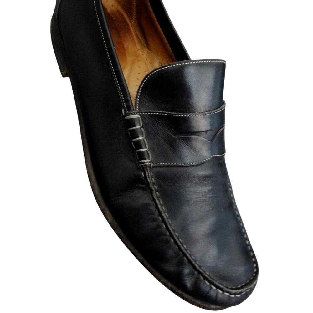 Santoni Austin Black Leather Penny Loafer Men 13 Moc Stitching Paine Italy Pinch